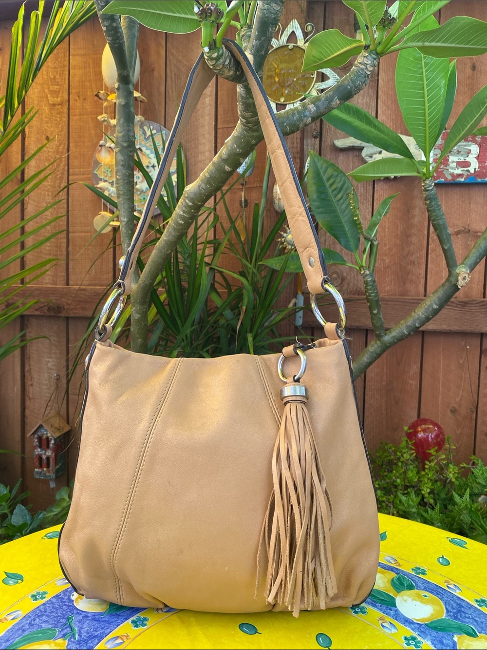 B. Makowsky Classic Tan Leather Shoulder Bag with Tassel! Great condition!